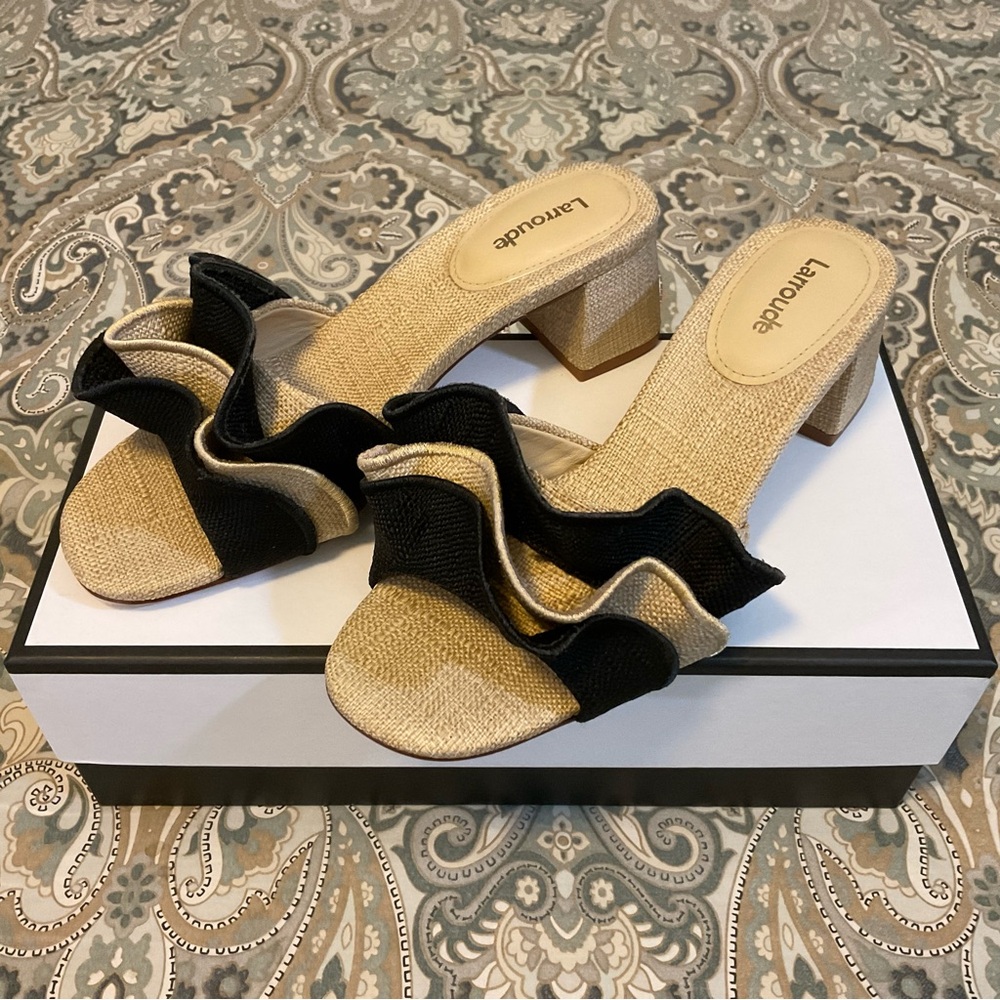 NWT Larroude Brigitte Ruffle Raffia Beige Black Sandals Women’s Sz 7.5 - Picture 8 of 14